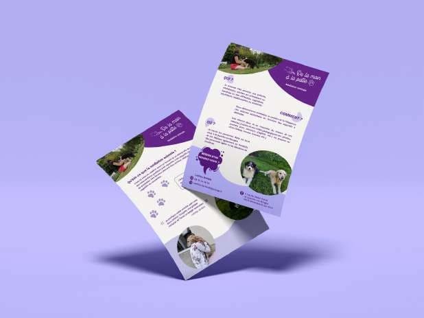 Flyer de médiation animale De la main à la patte, dans des tons violets