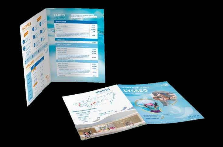 Dépliants et brochures Lysséo aux couleurs de l’identité du centre aqualudique